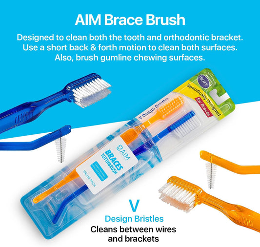 AIM Orthodontic Kit - Orthodontic Bracebrush Toothbrush (Pack of 2), Lip Protector for Braces, Retainer Case, Orthodontic Wax, Orthodontic Oral Care Kit for Travel (Clear)