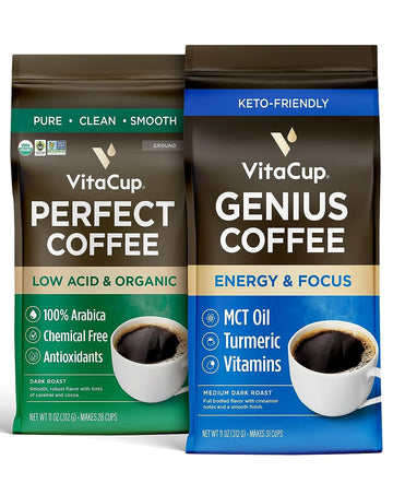 Vitacup Perfect Low Acid Ground Coffee & Genius Keto Ground Coffee,  Bundle | Infused With Superfoods (Mct Oil, Turmeric, Vitamins) For Energy & Focus