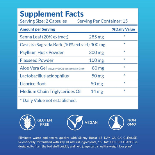 Skinnyboost 15 Day Quick Cleanse-Vegan Detox, Supports Weight Loss And Colon Cleanser, Made In The Usa (30 Capsules) Non