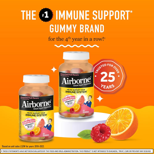 Airborne 750Mg Vitamin C Gummies For Adults, Immune Support Gummies With Powerful Antioxidants Vit C & E, Caffeine Free - 2X63Ct Bottle (42 Servings), Assorted Fruit Flavor