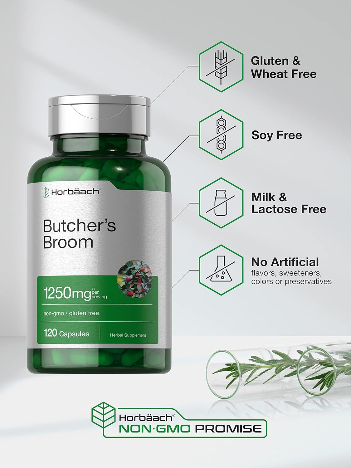 Butchers Broom Capsules 1250mg | 120 Count | Non-GMO, Glute