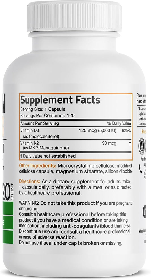 Bronson Vitamin K2 (Mk7) With D3 Supplement Non-Gmo Formula 5000 Iu Vi