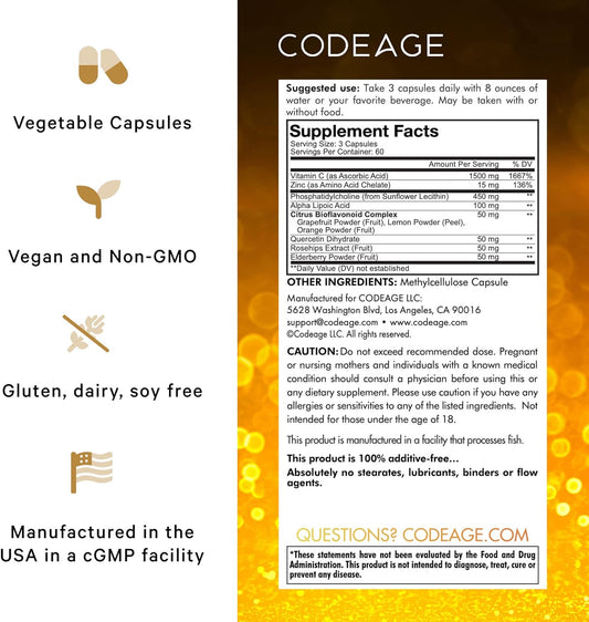 Codeage Liposomal Vitamin C 1500Mg With Zinc, Elderberry, Citrus Bioflavonoids Grapefruit, Lemon, Orange Powder, Quercet