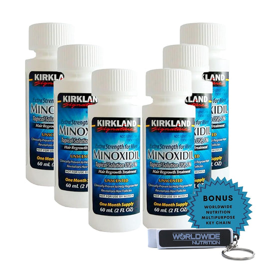 6 Months Kirkland Minoxidil 5% Extra Strength - Hair Regrowth Treatment for Men - 2   (Pack of 6) - with Worldwide Nutrition Bonus Key Chain