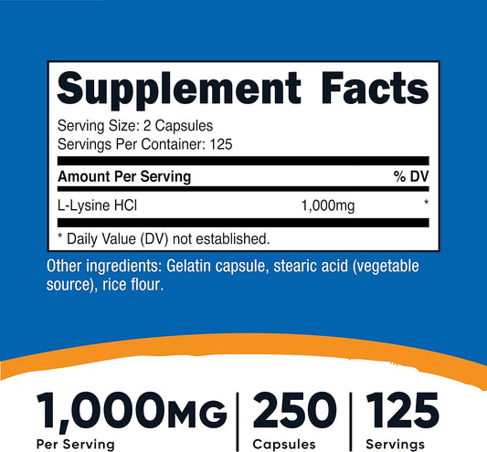 Nutricost L-Lysine 1000Mg, 250 Capsules - 500Mg Per Cap, Gluten Free, Non-Gmo