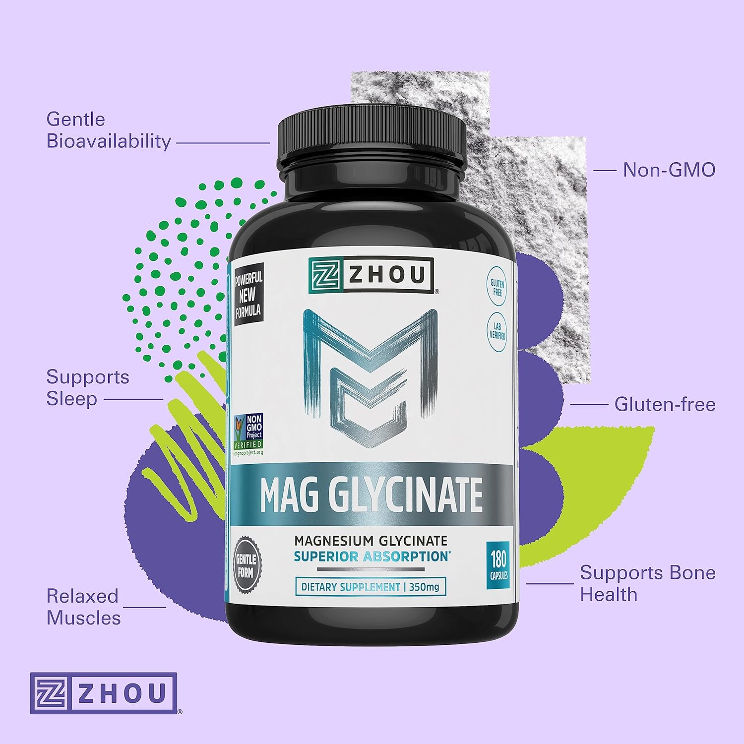 Zhou Magnesium Glycinate Complex 350 mg, Time-Release Absorption, Musc