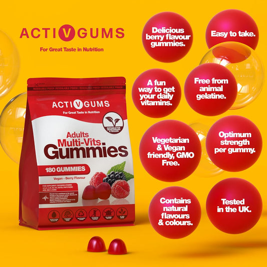 Adults Multi 180 Vegan Gummies. Resealable & Recyclable Pouch. Contain440 Grams