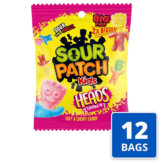 Sour Patch Kids Heads 2 Flavors In 1 Soft & Chewy Candy, 12 - 5 Oz Bags