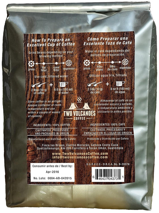 Two Volcanoes Ground Coffee - Dark Roast Espresso Blend - Bag - Guatemala Delicious Gourmet Coffee. Great For French Press. Get The Kick, Enjoy The Smoothness!