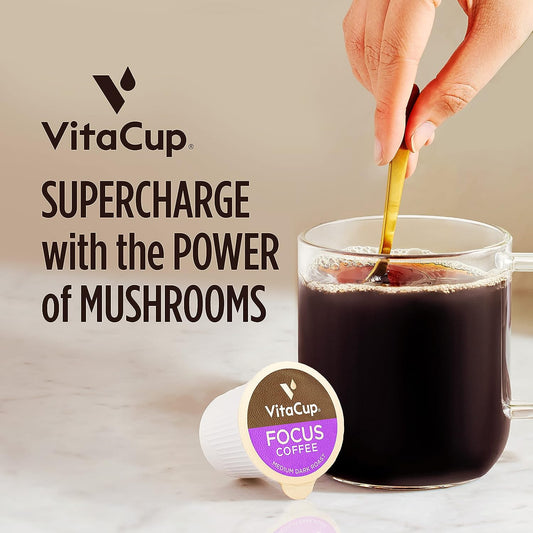 Vitacup Focus Mushroom Coffee Pods, Boost Focus & Immunity W/Lions Mane, Chaga, B Vitamins, D3 For Memory & Clarity, Medium Roast, Recyclable Single Serve Pod Compatible W/Keurig K-Cup Brewers,16 Ct