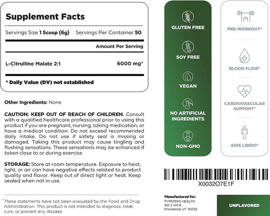 Type Zero L-Citrulline Malate Powder 2:1 6X (6000Mg | Unflavored) Ultra Clean L Citrulline, Nitric Oxide Booster, Pre Wo