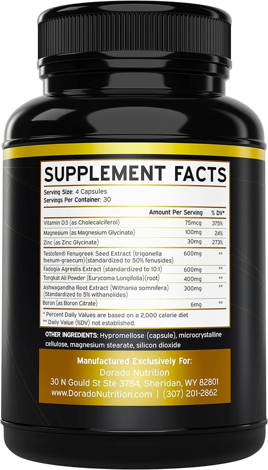 Testosterone Support For Men - Clinically Studied Testofen, Tongkat Ali, Fadogia Agrestis - (120 Capsules) - Mens Test