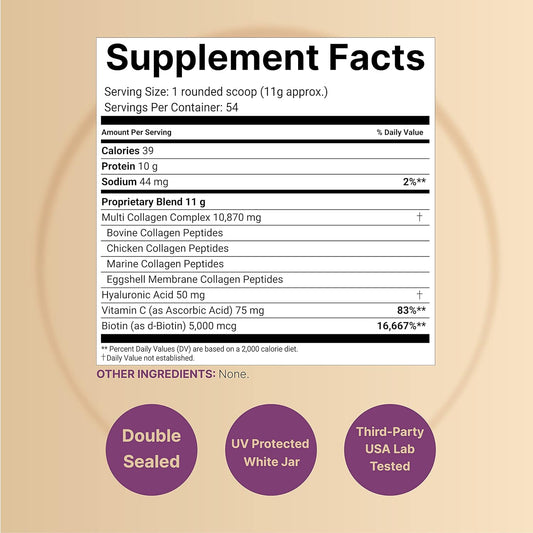Multi Collagen Protein Powder 600G - 5 Types (I, Ii, Iii, V, X) Grass-Fed & Pasture-Raised | With Biotin 5000Mcg, Vitamin C & Hyaluronic Acid | Keto, Paleo, Unflavored (54 Servings)