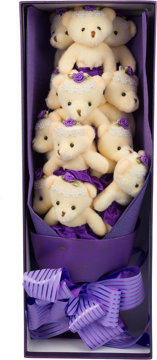 Deluxe Purple Love Bear Bouquet In Gift Box -One Dozen Long Stemmed Rose Stuffed Flower Plush Bears W Tutus-Gift Wrapped