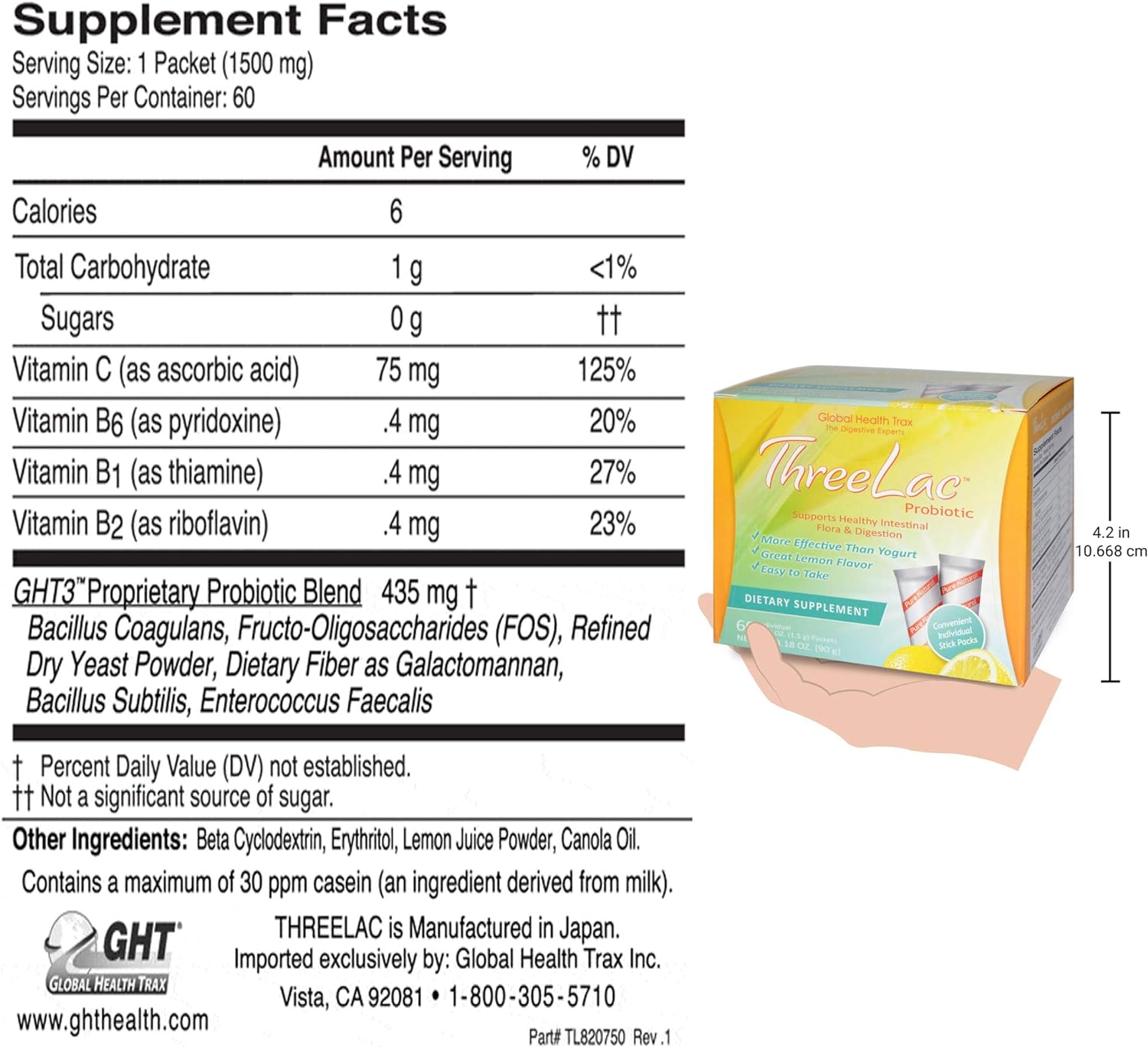 Global Health Trax ThreeLac Probiotic, Lemon Flavor Dietary