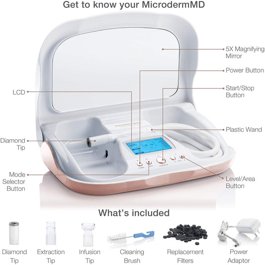 Trophy Skin MicrodermMD - At Home Microdermabrasion Kit - Anti Aging and Acne Treatment - Contains Real Diamond and Pore Extractor Tips to Rejuvenate Skin - White