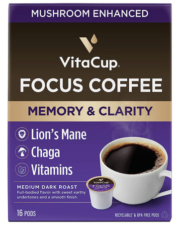 Vitacup Focus Mushroom Coffee Pods, Boost Focus & Immunity W/Lions Mane, Chaga, B Vitamins, D3 For Memory & Clarity, Medium Roast, Recyclable Single Serve Pod Compatible W/Keurig K-Cup Brewers,16 Ct