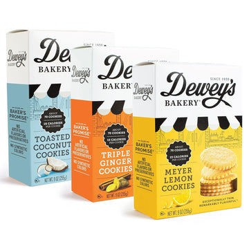 Dewey'S Bakery Meyer Lemon, Triple Ginger & Toasted Coconut Moravian Cookie Thin Variety Pack | Baked In Small Batches | Real, Simple Ingredients | 15 Calories Per Cooki (Pack Of 3)