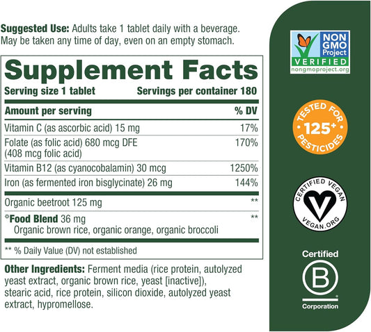 Megafood Blood Builder - Iron Supplement Clinically Shown To Increase Iron Levels Without Side Effects - Iron Supplement For Women With Vitamin C, Vitamin B12 And Folic Acid - Vegan