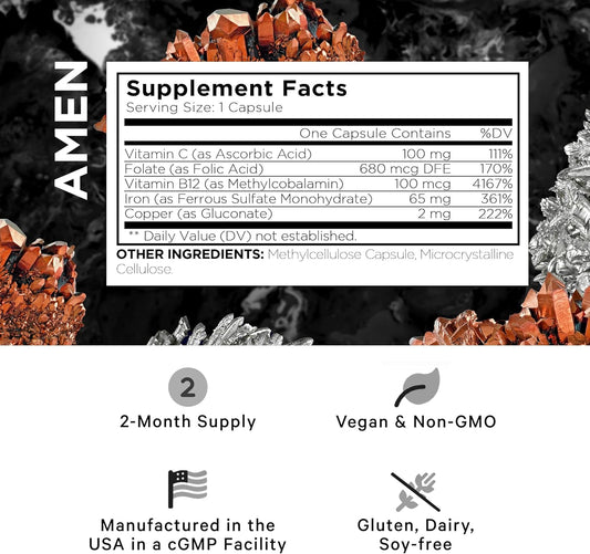 Amen Iron Ultra Supplement + Copper, Folate, Vitamin C And Vitamin B12-2-Month Supply - Ferrous Sulfate Iron Vitamin - Iron 65Mg Per Serving - Iron Folic Acid - Non-Gmo Iron Pills - 60 Capsules
