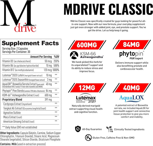 Mdrive Classic Testosterone Booster For Men, Support Healthy Prostate, Eyes, Joint, Energy, Stress Relief, Ksm-66 Ashwag