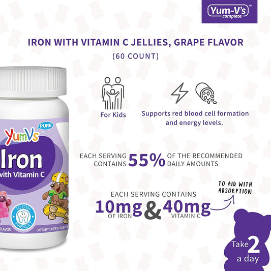 Yumvs Iron Jellies/Gummy Bears For Kids W/Vitamin C, Grape Flavor Chew