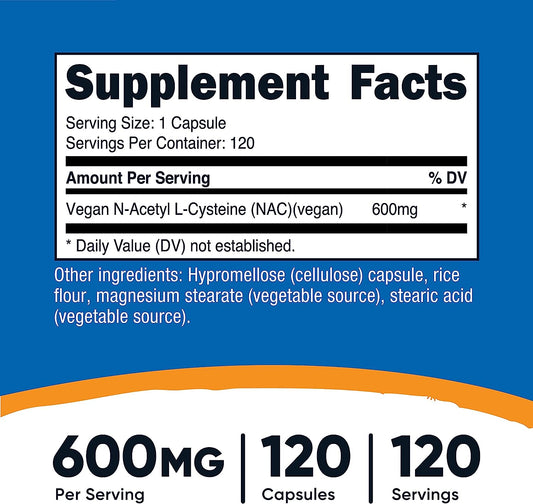 Nutricost N-Acetyl L-Cysteine (Nac) 600Mg, 120 Vegetarian Capsules - Non-Gmo, Gluten Free, Vegetarian Caps