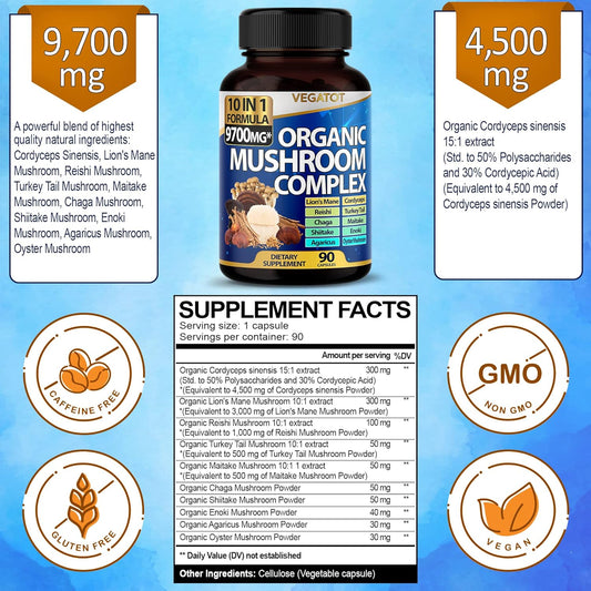 10 In 1 High Strength Mushroom Supplement 9,700Mg - Lions Mane, Cordyc