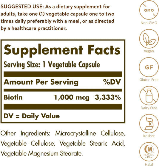Solgar Biotin 1000 Mcg, 250 Vegetable Capsules - Supports Healthy Skin