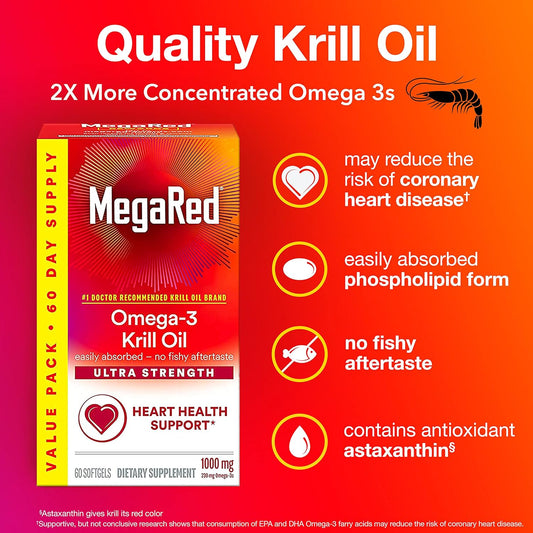 MegaRed #1 Doctor Recommended Krill Oil Brand - 1000mg Omega 3 Supplement with EPA, DHA, Astaxanthin & Phospholipids, Su