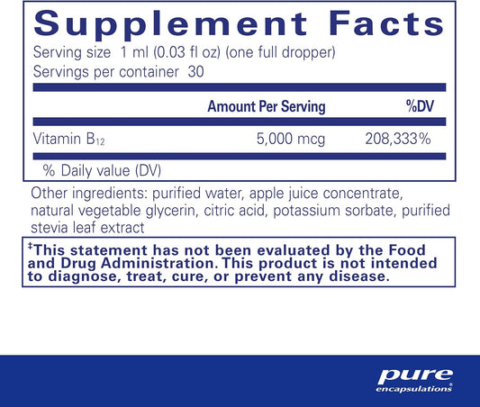 Pure Encapsulations B12 5,000 Liquid - Vpure Encapsulations B12 5,000 Liquid - Vitamin B12 Methylcobalamin Supplement To Support Energy, Nerve Health, Cognitive Function & Blood Cells* - Liquid B12 Drops - 1 Fl Ozitamin B12 Methylcobalamin Sup
