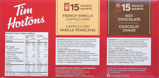 Tim Hortons Hot Chocolate Assorted Variety, French Vanilla & Cappuccino, 15 Packets (Imported From Canada)