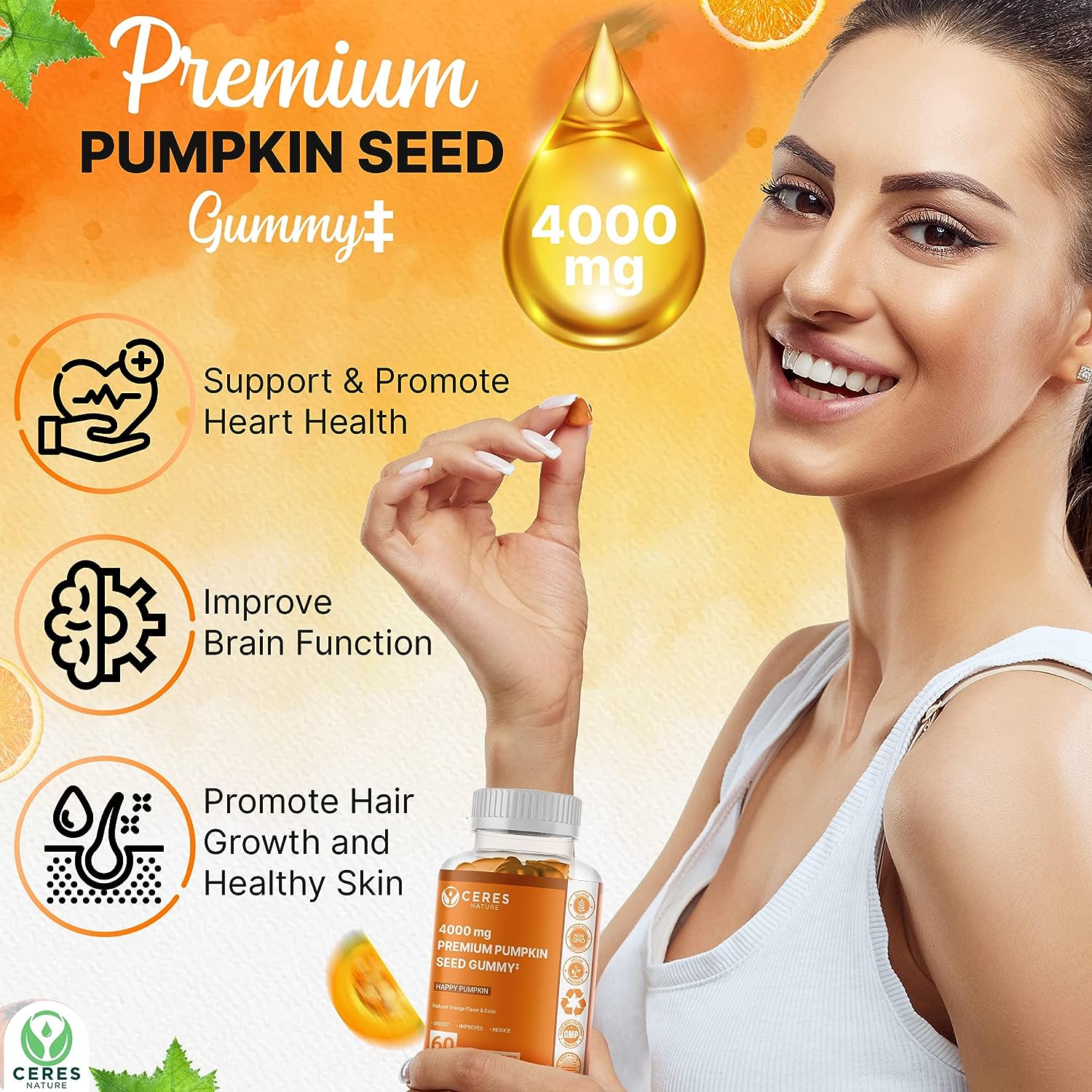 Pumpkin Seed Oil Gummies 4,000 mg for Hair Growth, Urinary