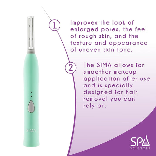 SPA SCIENCES - SIMA Dermaplaning Tool - Patented Painless 2 in 1 Facial Exfoliation & Peach Fuzz-Hair Removal System w/ 7 Weeks Treatment Included - Anti-Aging ā 3 Speeds - Rechargeable