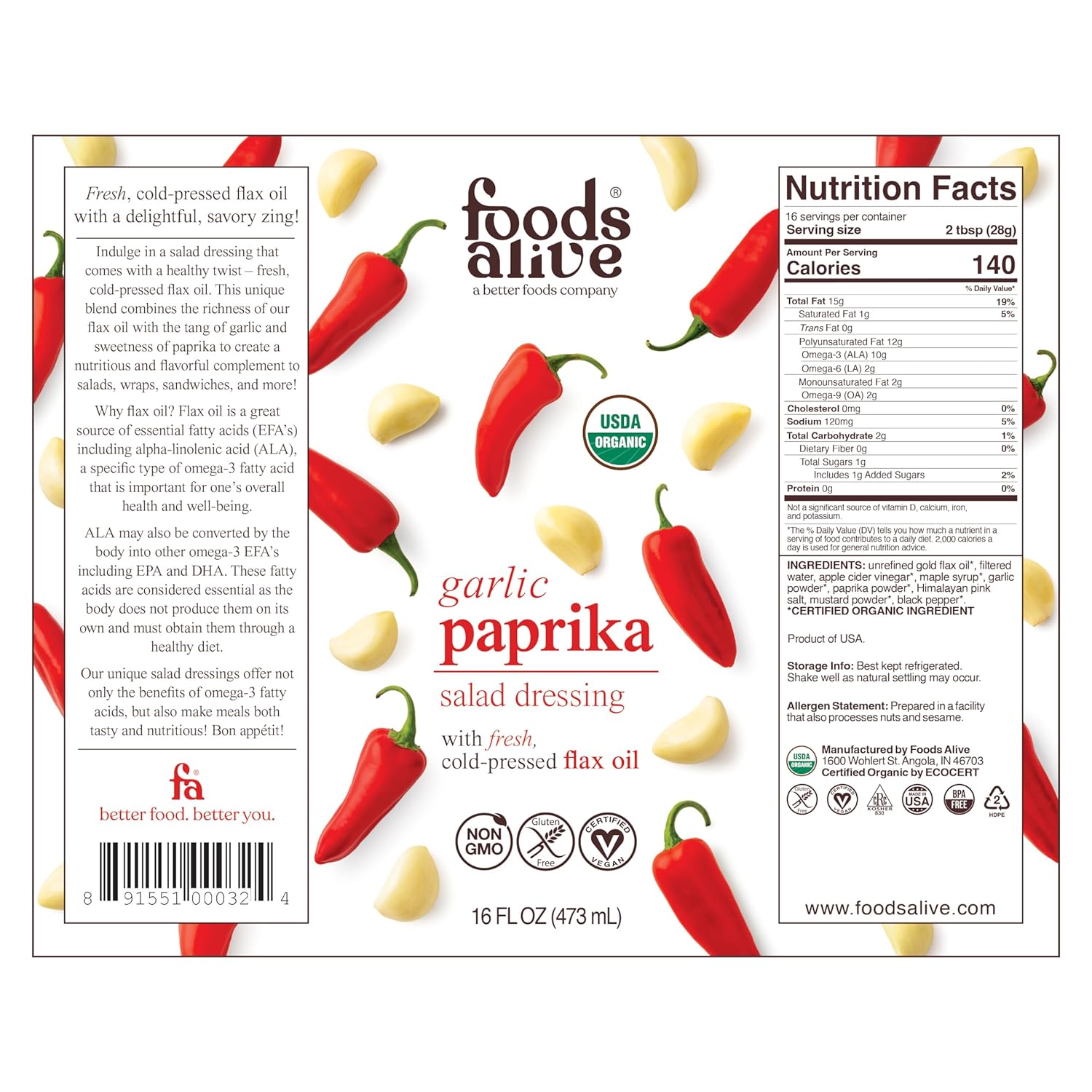 Foods Alive | Organic Garlic Paprika Salad Dressing |16 oz16 Fl Oz (Pa