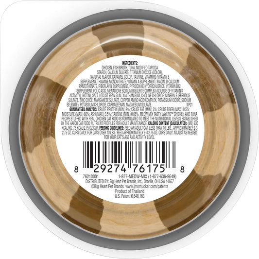 Meow Mix Tasty Layers Swirled Paté Cat Food, Chicken & Tuna Recipe In Sauce Stuffed With Real Chicken, 2.75 Oz. Cup, 12C