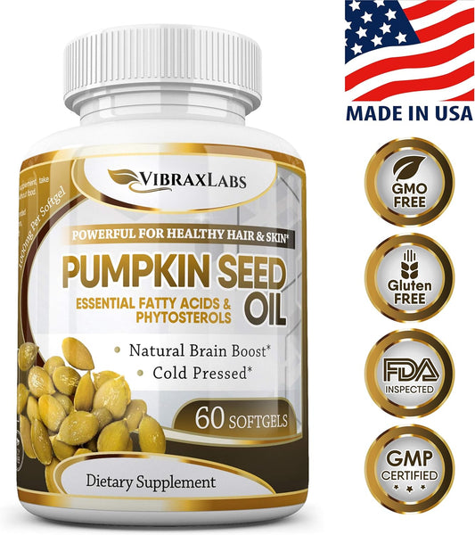 Pumpkin Seed Oil - 100% Cold Pressed Pure 1000mg Extraction - Best for Hair Growth, Younger Looking Skin & Face, Bladder