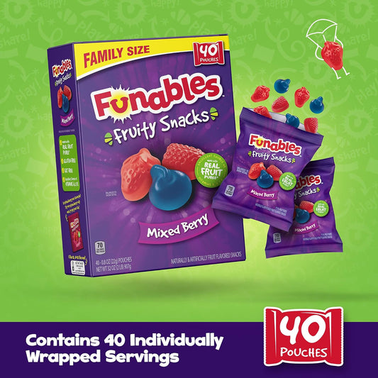 Funables Fruity Snacks, Summer Treats, Mixed Berry Fruit Flavored Snacks, Pack Of 40 0.8 Ounce Pouches