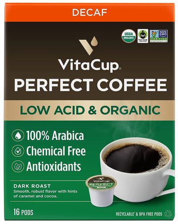 Vitacup Organic Perfect Dark Roast Decaf Coffee Pod For Pure & Clean Energy & Antioxidants From Low Acid, Guatemala Single Origin In Recyclable Single Serve Pod Compatible W/Keurig K-Cup Brewers,16Ct