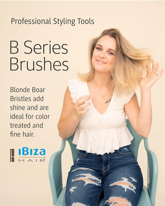 Ibiza Hair Professional (B Series) Round Boar Hair Brush | Blonde Bristles with Cork Handle | For Color Treated & Fine Hair | Add Texture & Shine