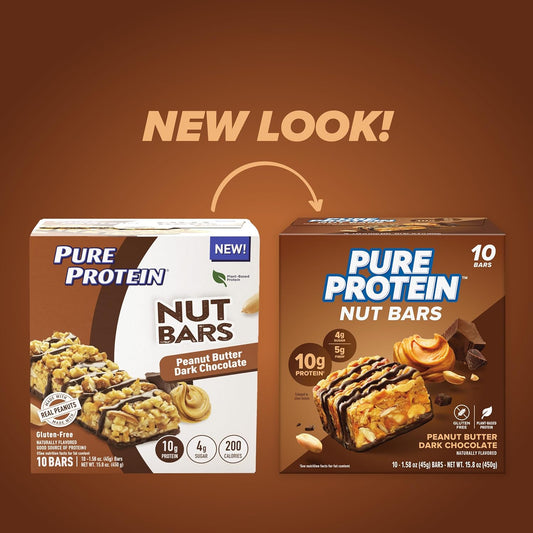 Pure Protein Nut Bars, Peanut Butter Dark Chocolate, 10G Protein, Gluten Free, Low Sugar, 15.8 Oz, 10 Pack