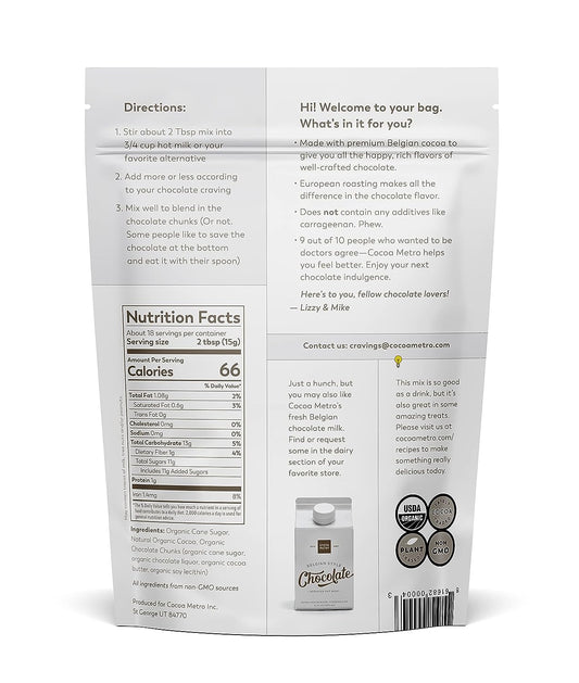 Cocoa Metro Organic Belgian Drinking Chocolate (3-Pack), Organic Hot Chocolate With Chunks Of Rich Chocolate, European Craft Cacao Roasting Brings Out Fullest Chocolate Flavor, Non-Gmo Hot Cocoa