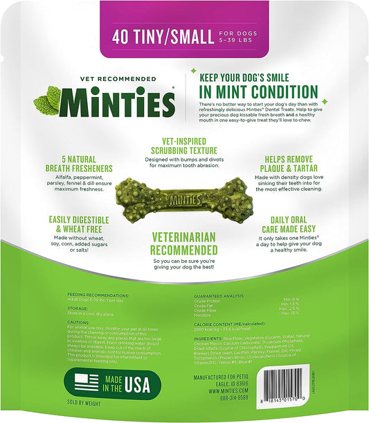 Minties Vetiq Dog Dental Bone Treats, Dental Chews For Tiny/Small Dogs (Under 40 Lbs), 40 Count