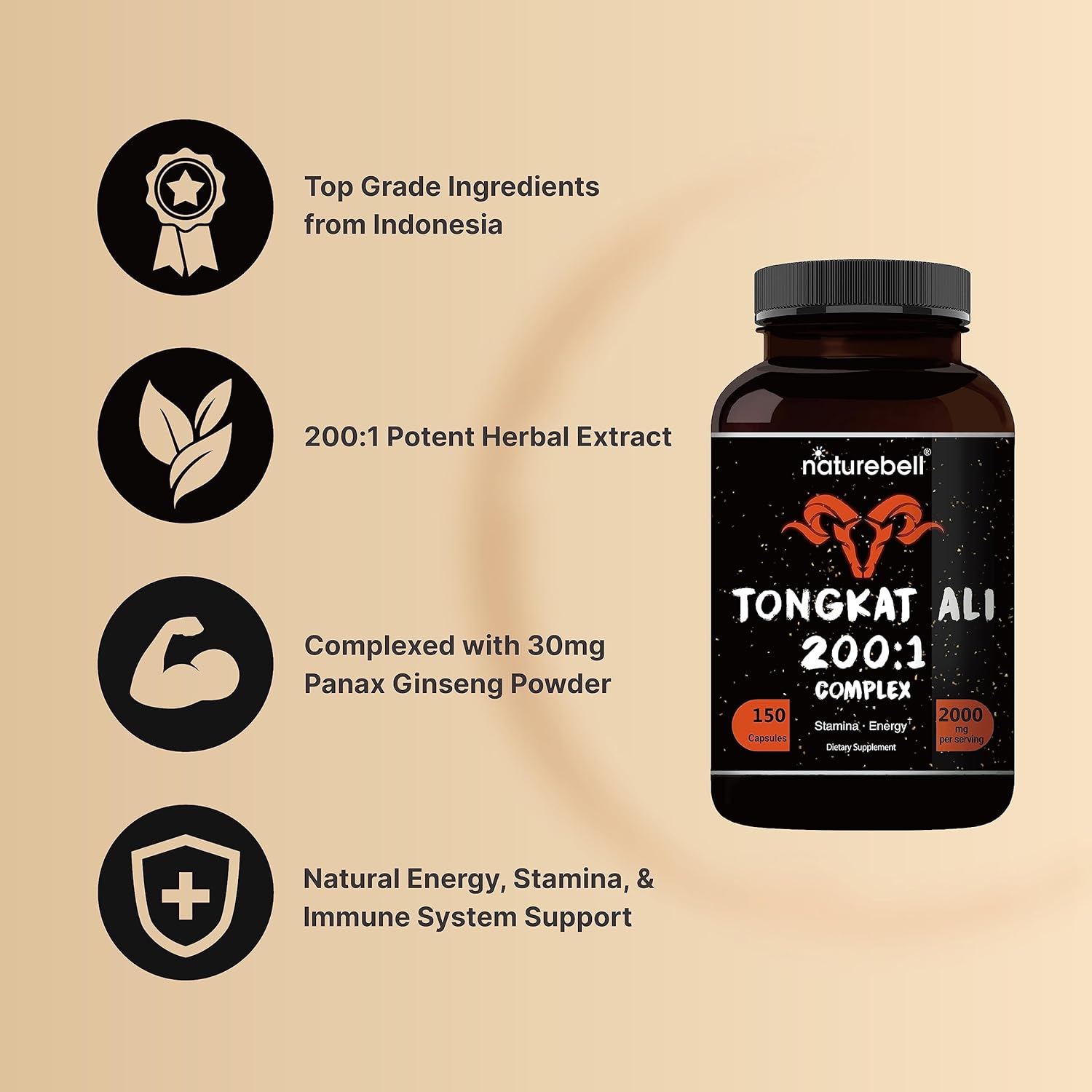 NatureBell Tongkat Ali 200:1 Extract for Men, 2000mg Per Se