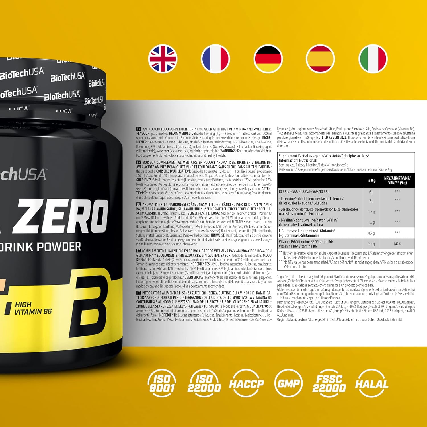 BioTechUSA BCAA Zero - Essential Amino Acid Powder | 6g BCAA with Inst