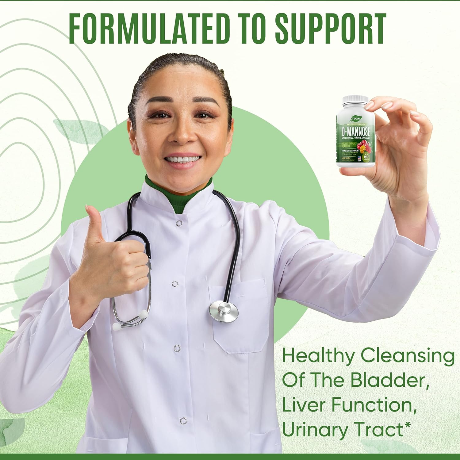 YEVANI 100% Pure D-Mannose Capsules 1000 mg with Cranberry,