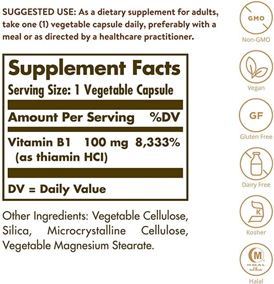 Solgar Vitamin B1 (Thiamin) 100 Mg, 100 Vegetable Capsules - Energy Metabolism, Healthy Nervous System, Overall Well-Being - Non-Gmo, Vegan, Gluten Free, Dairy Free - 100 Servings