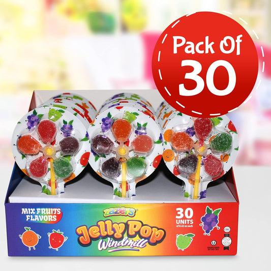 Zazers Jelly Pop Windmill Jelly Beans Candy, 30 Individual Pack Of Mix Fruits Flavor Windmill Candy Pops, Kosher Novelty