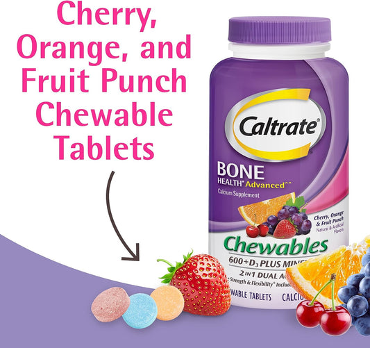Caltrate Chewables 600 Plus D3 Plus Minerals Calcium Vitamin D Supplement, Cherry, Orange And Fruit Punch - 155 Count