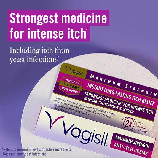 Vagisil Maximum Strength Feminine Anti-Itch Cream With Benzocaine For Women, Helps Relieve Yeast Infection Irritation, Gynecologist Tested, Fast-Acting, Soothes And Cools Skin, 1 Oz (Pack Of 4)
